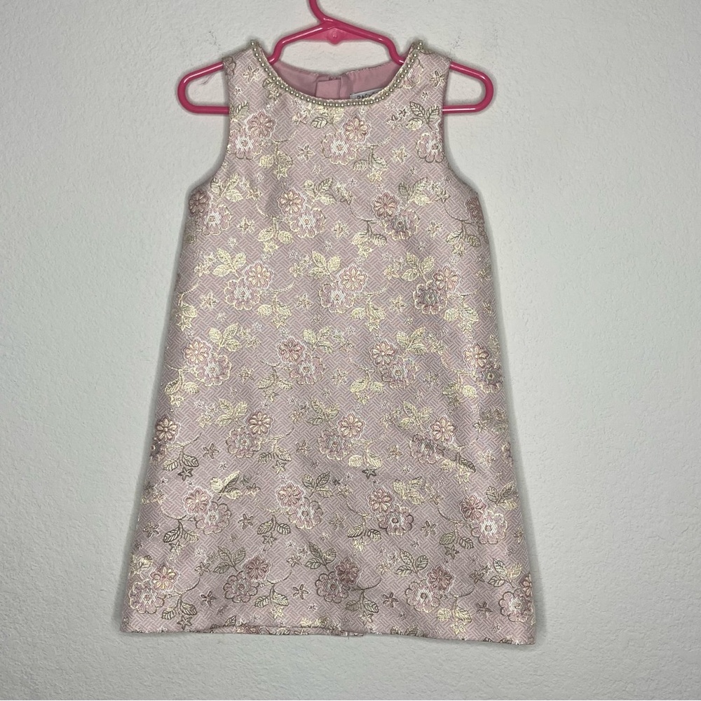 Rachel Zoe Pink Gold Metallic Shimmery Floral Pearl Neckline Girls Dress Size 4